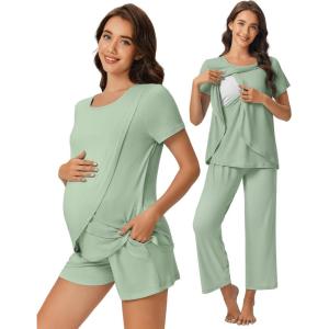 imageEkouaer 3 PCS Maternity Nursing Pajamas Set Postpartum Breastfeeding Short Sleeve Shirts Pregnancy Shorts ampamp Pants Pjs SXXLLight Green