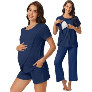 imageEkouaer 3 PCS Maternity Nursing Pajamas Set Postpartum Breastfeeding Short Sleeve Shirts Pregnancy Shorts ampamp Pants Pjs SXXLNavy Blue