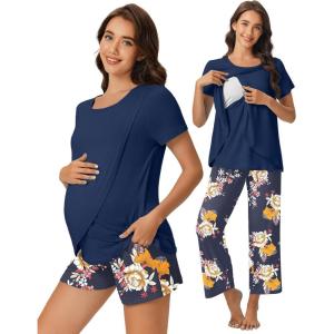 imageEkouaer 3 PCS Maternity Nursing Pajamas Set Postpartum Breastfeeding Short Sleeve Shirts Pregnancy Shorts ampamp Pants Pjs SXXLNavy Blue Print