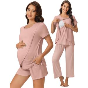 imageEkouaer 3 PCS Maternity Nursing Pajamas Set Postpartum Breastfeeding Short Sleeve Shirts Pregnancy Shorts ampamp Pants Pjs SXXLPink
