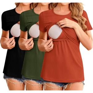 imageEkouaer Womens Nursing Tops 3 Pack Short Sleeve Ribbed Breastfeeding Shirts Double Layer Maternity Shirt Pregnancy ClothesBlackCaramelArmy Green