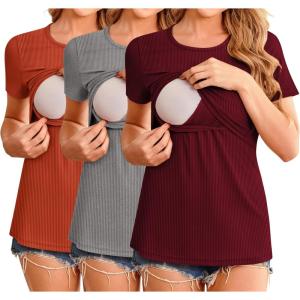 imageEkouaer Womens Nursing Tops 3 Pack Short Sleeve Ribbed Breastfeeding Shirts Double Layer Maternity Shirt Pregnancy ClothesCaramelGreyWine Red
