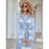 imageEkouaer Satin Lounge Sets for Women 2 Pieces Silk Pajamas Set Long Sleeve Top with Pants Outfits with BeltLight Blue