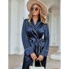 imageEkouaer Satin Lounge Sets for Women 2 Pieces Silk Pajamas Set Long Sleeve Top with Pants Outfits with BeltNavy Blue