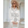 imageEkouaer Satin Lounge Sets for Women 2 Pieces Silk Pajamas Set Long Sleeve Top with Pants Outfits with BeltWhite