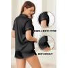 imageEkouaer Womens Silk Satin Pajamas Set Short Sleeve Pj Sets Button Down Pjs 2 Piece Sleepwear Loungewear SXXLBlack
