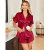 imageEkouaer Womens Silk Satin Pajamas Set Short Sleeve Pj Sets Button Down Pjs 2 Piece Sleepwear Loungewear SXXLWine Red