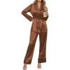 imageEkouaer Satin Lounge Sets for Women 2 Pieces Silk Pajamas Set Long Sleeve Top with Pants Outfits with BeltLight Brown