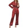 imageEkouaer Satin Lounge Sets for Women 2 Pieces Silk Pajamas Set Long Sleeve Top with Pants Outfits with BeltRed