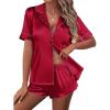 imageEkouaer Womens Silk Satin Pajamas Set Short Sleeve Pj Sets Button Down Pjs 2 Piece Sleepwear Loungewear SXXLWine Red