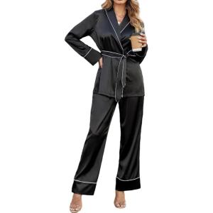 imageEkouaer Satin Lounge Sets for Women 2 Pieces Silk Pajamas Set Long Sleeve Top with Pants Outfits with BeltBlack