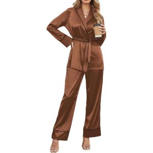 imageEkouaer Satin Lounge Sets for Women 2 Pieces Silk Pajamas Set Long Sleeve Top with Pants Outfits with BeltLight Brown