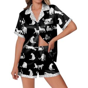 imageEkouaer Womens Silk Satin Pajamas Set Animals Print Pjs Button Down Short Sleeve Lounge Set 2 Piece SleepwearBlack Leopard