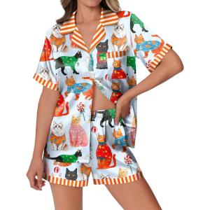 imageEkouaer Womens Silk Satin Pajamas Set Animals Print Pjs Button Down Short Sleeve Lounge Set 2 Piece SleepwearBlue Cat