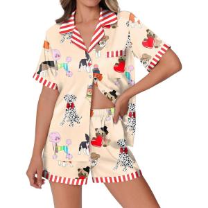 imageEkouaer Womens Silk Satin Pajamas Set Animals Print Pjs Button Down Short Sleeve Lounge Set 2 Piece SleepwearColored Puppy