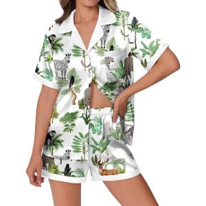 imageEkouaer Womens Silk Satin Pajamas Set Animals Print Pjs Button Down Short Sleeve Lounge Set 2 Piece SleepwearNatural Animals