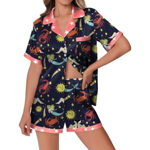 imageEkouaer Womens Silk Satin Pajamas Set Animals Print Pjs Button Down Short Sleeve Lounge Set 2 Piece SleepwearNavy Blue Mermaid