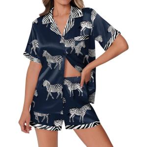 imageEkouaer Womens Silk Satin Pajamas Set Animals Print Pjs Button Down Short Sleeve Lounge Set 2 Piece SleepwearNavy Blue Zebra