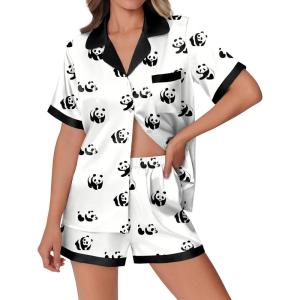 imageEkouaer Womens Silk Satin Pajamas Set Animals Print Pjs Button Down Short Sleeve Lounge Set 2 Piece SleepwearPanda