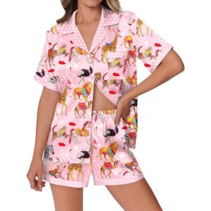 imageEkouaer Womens Silk Satin Pajamas Set Animals Print Pjs Button Down Short Sleeve Lounge Set 2 Piece SleepwearPink Swan