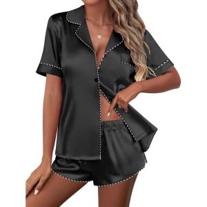 imageEkouaer Womens Silk Satin Pajamas Set Short Sleeve Pj Sets Button Down Pjs 2 Piece Sleepwear Loungewear SXXLBlack