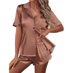 imageEkouaer Womens Silk Satin Pajamas Set Short Sleeve Pj Sets Button Down Pjs 2 Piece Sleepwear Loungewear SXXLBrown