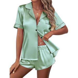 imageEkouaer Womens Silk Satin Pajamas Set Short Sleeve Pj Sets Button Down Pjs 2 Piece Sleepwear Loungewear SXXLLight Green