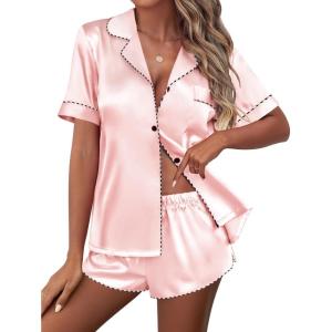 imageEkouaer Womens Silk Satin Pajamas Set Short Sleeve Pj Sets Button Down Pjs 2 Piece Sleepwear Loungewear SXXLLight Pink