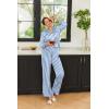 imageEkouaer Silk Pajamas Striped Animal Print Satin Pj Sets Button Down Long Sleeve Silky Pjs Sleepwear Loungewear for WomenBlue and White Stripes