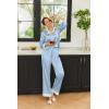 imageEkouaer Silk Pajamas Striped Animal Print Satin Pj Sets Button Down Long Sleeve Silky Pjs Sleepwear Loungewear for WomenLight Blue