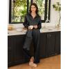 imageEkouaer Womens Satin Silky Pajama Set 2 Piece Print PJs Soft Loungewear Button Down Sleepwear with Elastic Waist Long PantsBlack