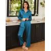 imageEkouaer Womens Satin Silky Pajama Set 2 Piece Print PJs Soft Loungewear Button Down Sleepwear with Elastic Waist Long PantsDark Blue