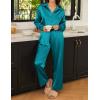 imageEkouaer Womens Satin Silky Pajama Set 2 Piece Print PJs Soft Loungewear Button Down Sleepwear with Elastic Waist Long PantsDark Peacock Blue