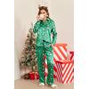 imageEkouaer Womens Satin Silky Pajama Set 2 Piece Print PJs Soft Loungewear Button Down Sleepwear with Elastic Waist Long PantsGreen Christmas Snowflakes