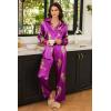 imageEkouaer Womens Satin Silky Pajama Set 2 Piece Print PJs Soft Loungewear Button Down Sleepwear with Elastic Waist Long PantsPurple Large Leopard