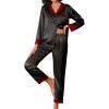 imageEkouaer Silk Pajamas Striped Animal Print Satin Pj Sets Button Down Long Sleeve Silky Pjs Sleepwear Loungewear for WomenBlack