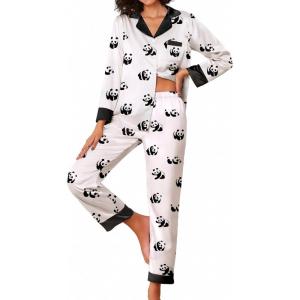 imageEkouaer Silk Pajamas Striped Animal Print Satin Pj Sets Button Down Long Sleeve Silky Pjs Sleepwear Loungewear for WomenBlack and White Panda
