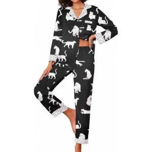 imageEkouaer Silk Pajamas Striped Animal Print Satin Pj Sets Button Down Long Sleeve Silky Pjs Sleepwear Loungewear for WomenBlack and White Snow Leopard