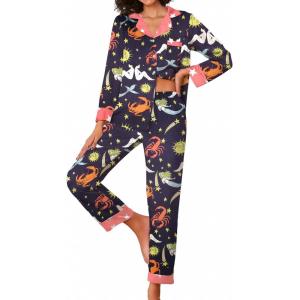 imageEkouaer Silk Pajamas Striped Animal Print Satin Pj Sets Button Down Long Sleeve Silky Pjs Sleepwear Loungewear for WomenBlue Constellation
