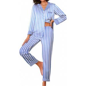 imageEkouaer Silk Pajamas Striped Animal Print Satin Pj Sets Button Down Long Sleeve Silky Pjs Sleepwear Loungewear for WomenBlue and White Stripes