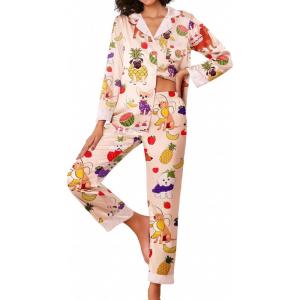 imageEkouaer Silk Pajamas Striped Animal Print Satin Pj Sets Button Down Long Sleeve Silky Pjs Sleepwear Loungewear for WomenChampagne Dessert Dog
