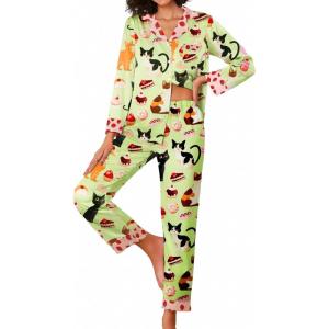imageEkouaer Silk Pajamas Striped Animal Print Satin Pj Sets Button Down Long Sleeve Silky Pjs Sleepwear Loungewear for WomenCoffee Cat