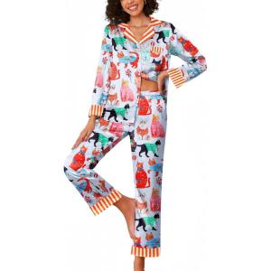 imageEkouaer Silk Pajamas Striped Animal Print Satin Pj Sets Button Down Long Sleeve Silky Pjs Sleepwear Loungewear for WomenDifferent Cute Cat Prints