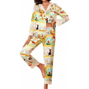 imageEkouaer Silk Pajamas Striped Animal Print Satin Pj Sets Button Down Long Sleeve Silky Pjs Sleepwear Loungewear for WomenDisc Animal