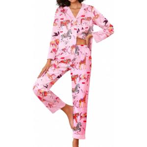 imageEkouaer Silk Pajamas Striped Animal Print Satin Pj Sets Button Down Long Sleeve Silky Pjs Sleepwear Loungewear for WomenFantastic Animals
