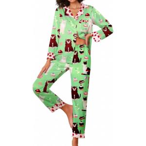 imageEkouaer Silk Pajamas Striped Animal Print Satin Pj Sets Button Down Long Sleeve Silky Pjs Sleepwear Loungewear for WomenGreen Dessert Cat