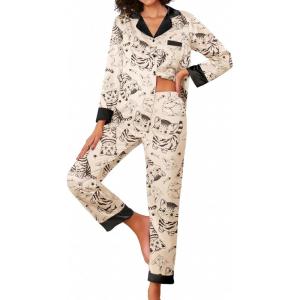 imageEkouaer Silk Pajamas Striped Animal Print Satin Pj Sets Button Down Long Sleeve Silky Pjs Sleepwear Loungewear for WomenHand Drawn Cute Cat