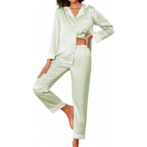 imageEkouaer Silk Pajamas Striped Animal Print Satin Pj Sets Button Down Long Sleeve Silky Pjs Sleepwear Loungewear for WomenLight Green