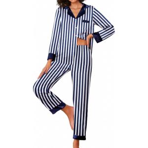 imageEkouaer Silk Pajamas Striped Animal Print Satin Pj Sets Button Down Long Sleeve Silky Pjs Sleepwear Loungewear for WomenNavy Blue and White Stripes
