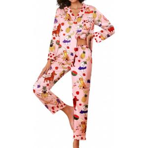 imageEkouaer Silk Pajamas Striped Animal Print Satin Pj Sets Button Down Long Sleeve Silky Pjs Sleepwear Loungewear for WomenPink Dessert Dog
